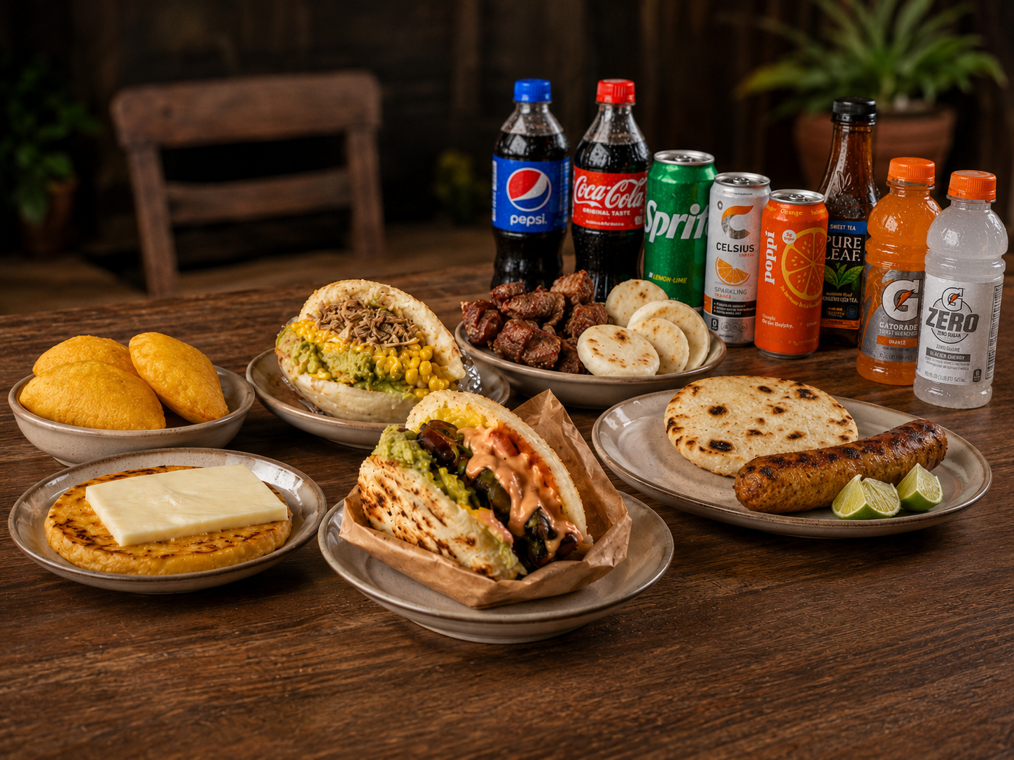 Colombian dishes: arepas, chorizo, empanadas and drinks on a wooden table